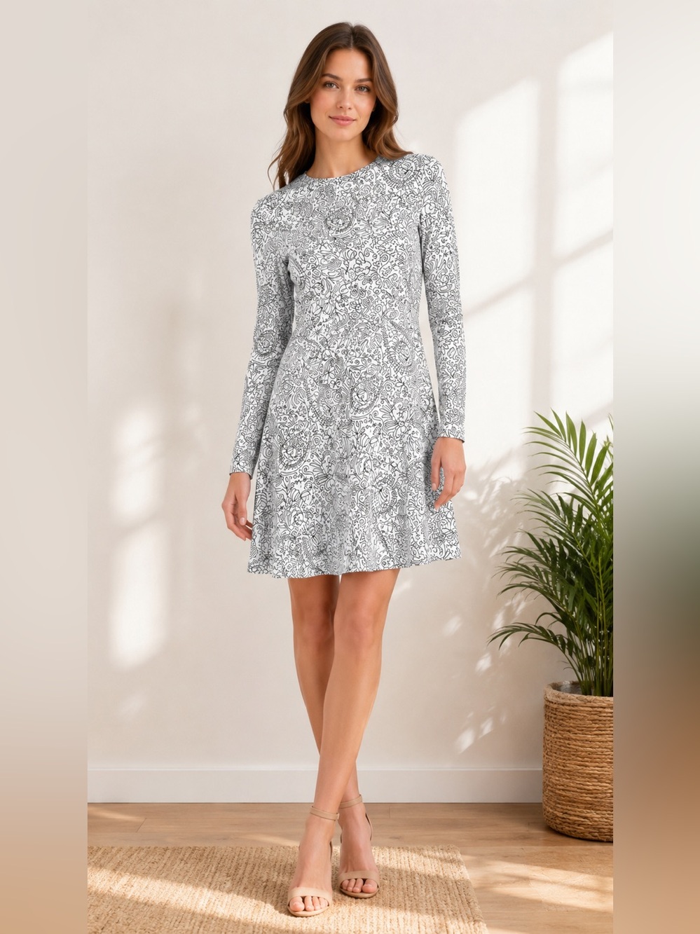 Tory Burch Long-Sleeve Doodle Print Cotton Dress